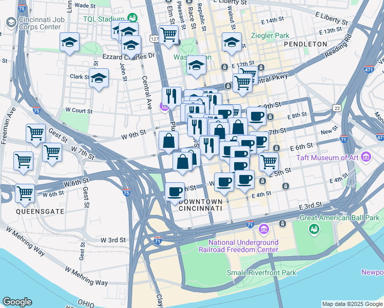 map of restaurants, bars, coffee shops, grocery stores, and more near 209 West 7th Street in Cincinnati