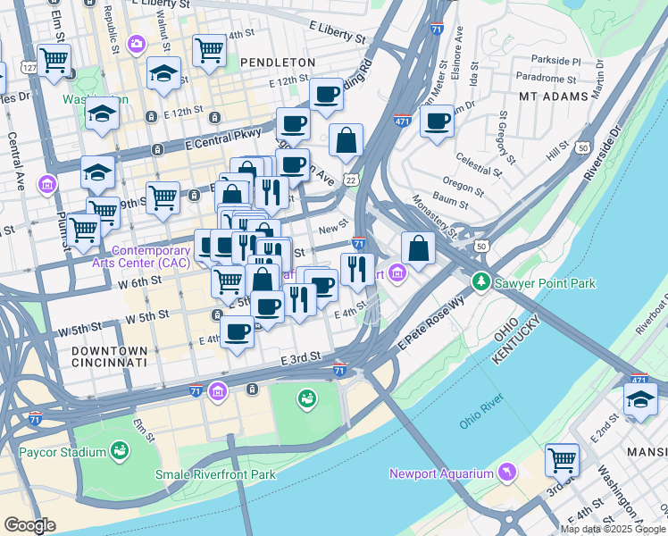 map of restaurants, bars, coffee shops, grocery stores, and more near 1 Procter and Gamble Plaza in Cincinnati