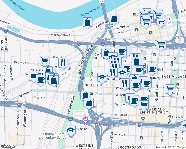 map of restaurants, bars, coffee shops, grocery stores, and more near 929 Jefferson Street in Kansas City