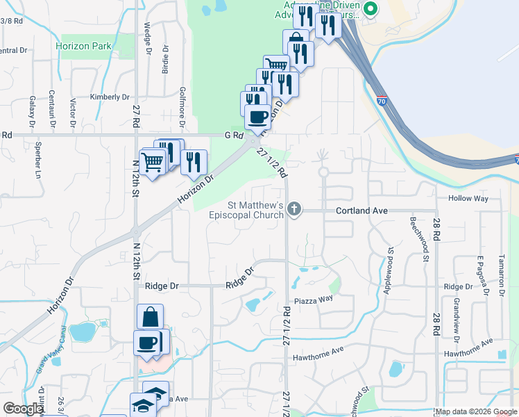 map of restaurants, bars, coffee shops, grocery stores, and more near 3919 East Brambling Lane in Grand Junction