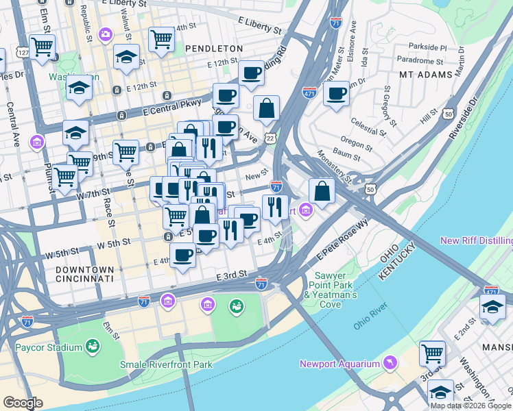 map of restaurants, bars, coffee shops, grocery stores, and more near in Cincinnati