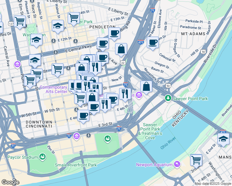 map of restaurants, bars, coffee shops, grocery stores, and more near in Cincinnati