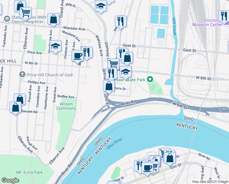 map of restaurants, bars, coffee shops, grocery stores, and more near 704 State Avenue in Cincinnati