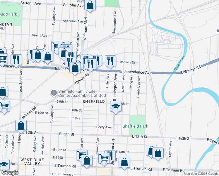 map of restaurants, bars, coffee shops, grocery stores, and more near 6505 East 7th Street in Kansas City