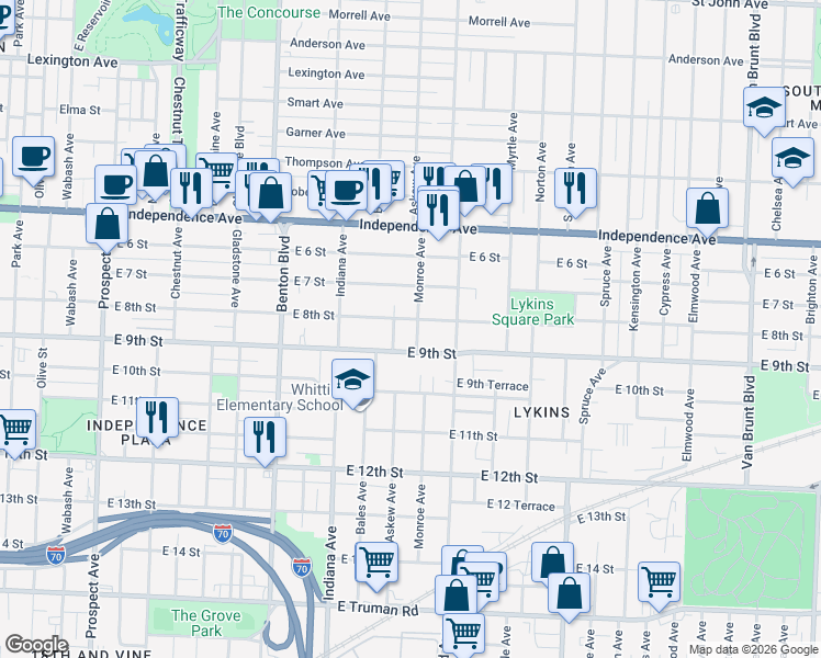 map of restaurants, bars, coffee shops, grocery stores, and more near 714 Monroe Avenue in Kansas City