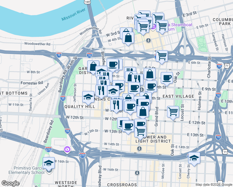 map of restaurants, bars, coffee shops, grocery stores, and more near in Kansas City