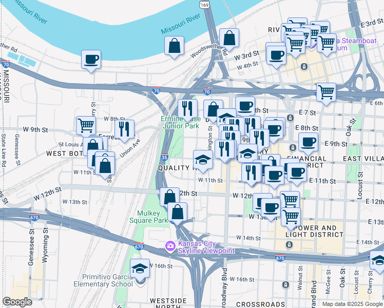 map of restaurants, bars, coffee shops, grocery stores, and more near 910 Pennsylvania Avenue in Kansas City