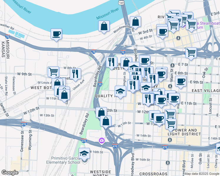 map of restaurants, bars, coffee shops, grocery stores, and more near 910 Pennsylvania Avenue in Kansas City