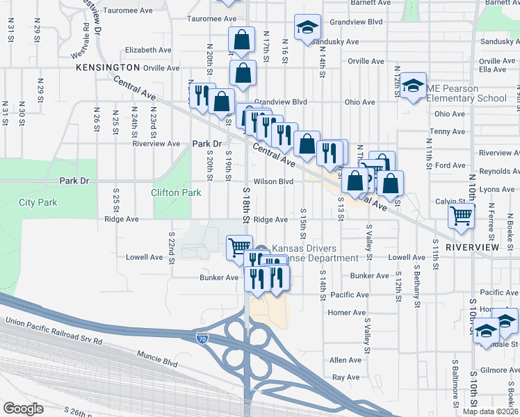 map of restaurants, bars, coffee shops, grocery stores, and more near 56 South 17th Street in Kansas City