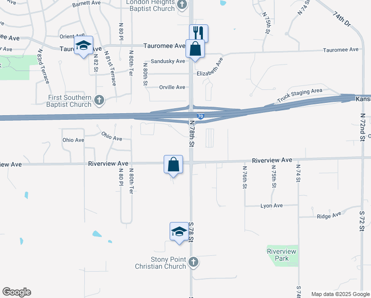 map of restaurants, bars, coffee shops, grocery stores, and more near 234 North 78th Street in Kansas City