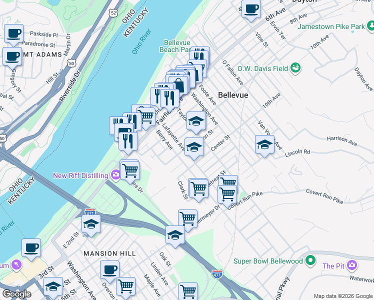 map of restaurants, bars, coffee shops, grocery stores, and more near 208 Poplar Street in Bellevue