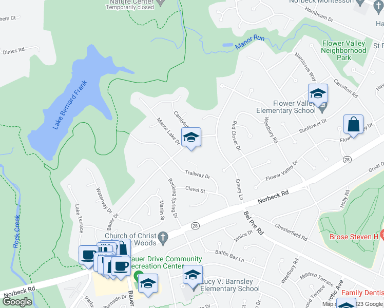 map of restaurants, bars, coffee shops, grocery stores, and more near 15101 Bauer Drive in Rockville