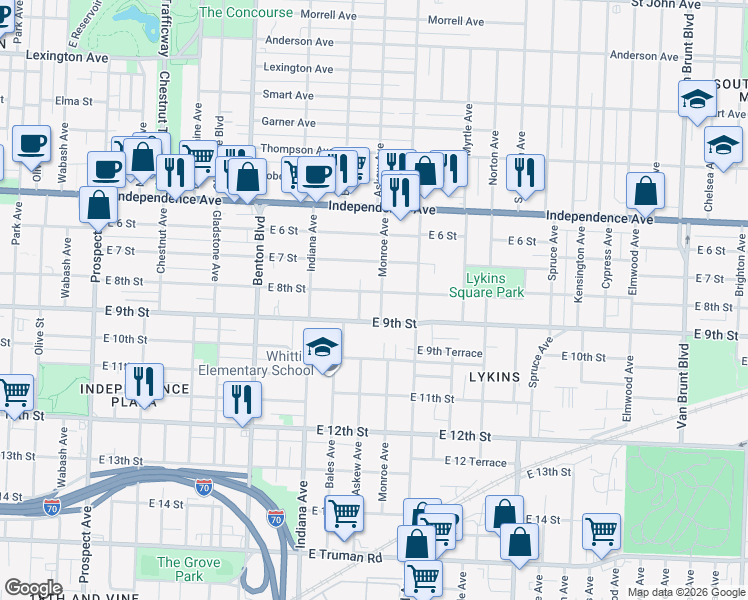map of restaurants, bars, coffee shops, grocery stores, and more near 714 Monroe Avenue in Kansas City
