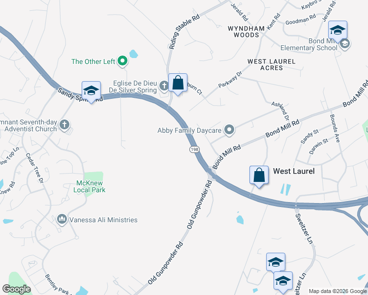 map of restaurants, bars, coffee shops, grocery stores, and more near 5701 Sandy Spring Rd in West Laurel