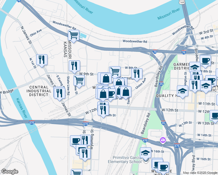 map of restaurants, bars, coffee shops, grocery stores, and more near in Kansas City