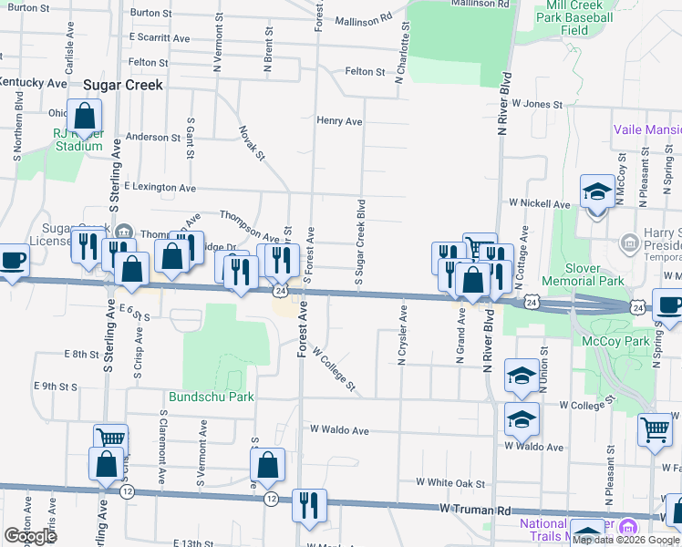 map of restaurants, bars, coffee shops, grocery stores, and more near 11831 Missouri Avenue in Sugar Creek