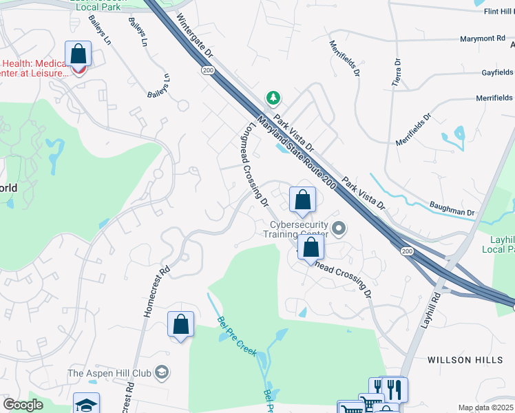 map of restaurants, bars, coffee shops, grocery stores, and more near 2604 Nisqually Court in Silver Spring