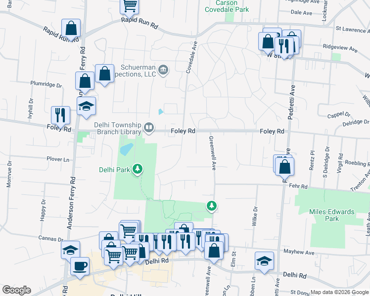 map of restaurants, bars, coffee shops, grocery stores, and more near 590 Covedale Avenue in Cincinnati