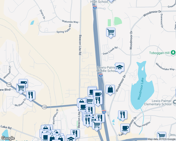 map of restaurants, bars, coffee shops, grocery stores, and more near 880 Beacon Lite Road in Monument