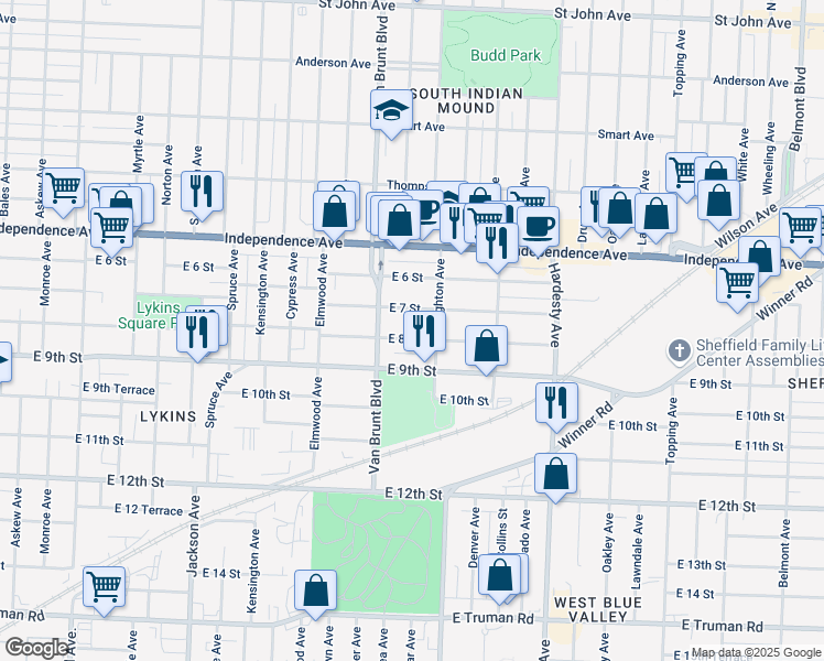 map of restaurants, bars, coffee shops, grocery stores, and more near 4841 East 7th Street in Kansas City