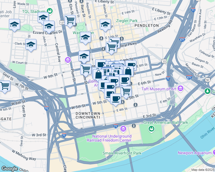 map of restaurants, bars, coffee shops, grocery stores, and more near 617 Vine Street in Cincinnati