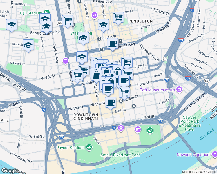 map of restaurants, bars, coffee shops, grocery stores, and more near 12 East 6th Street in Cincinnati