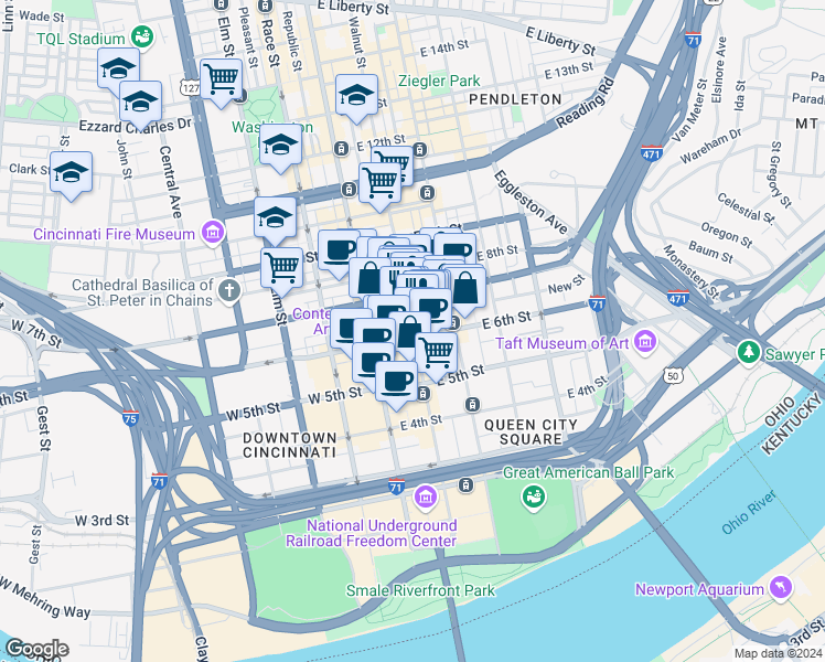 map of restaurants, bars, coffee shops, grocery stores, and more near 607 Walnut Street in Cincinnati