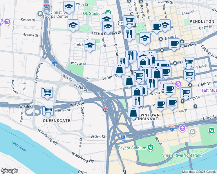 map of restaurants, bars, coffee shops, grocery stores, and more near 500 West 7th Street in Cincinnati