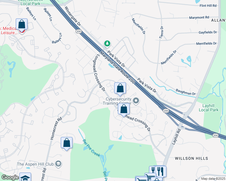 map of restaurants, bars, coffee shops, grocery stores, and more near 14909 Cleese Court in Silver Spring
