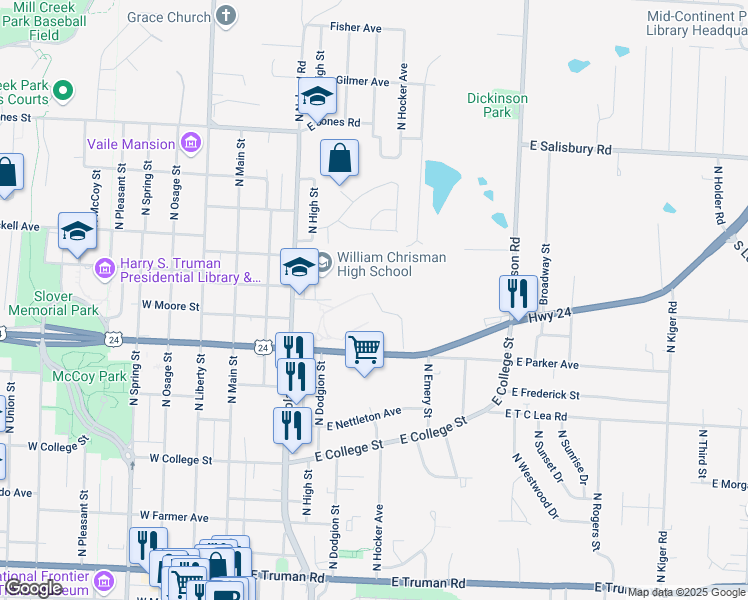 map of restaurants, bars, coffee shops, grocery stores, and more near 1223 North Noland Road in Independence