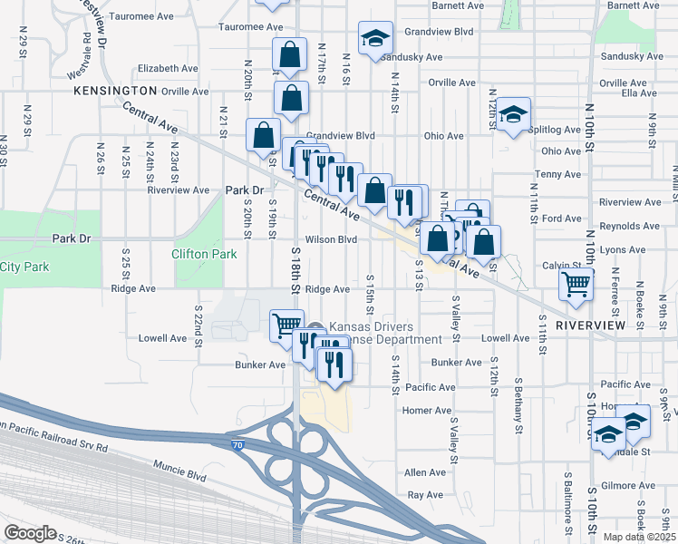map of restaurants, bars, coffee shops, grocery stores, and more near 34 South 16th Street in Kansas City