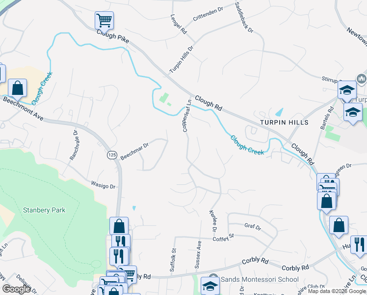 map of restaurants, bars, coffee shops, grocery stores, and more near 6411 Copperleaf Lane in Cincinnati