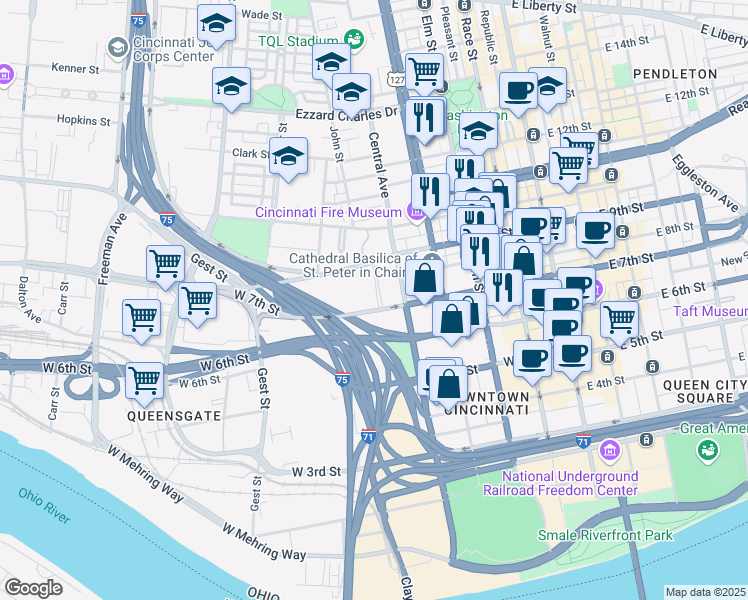 map of restaurants, bars, coffee shops, grocery stores, and more near 500 West 7th Street in Cincinnati