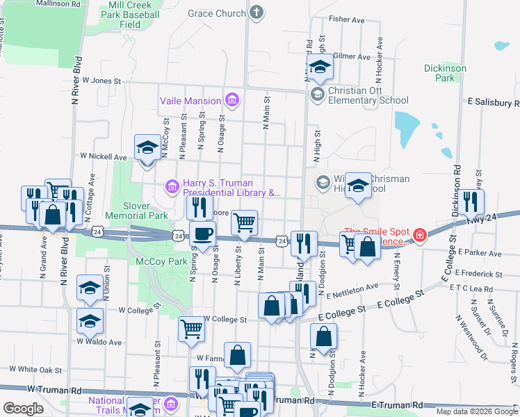 map of restaurants, bars, coffee shops, grocery stores, and more near 108 West Mechanic Avenue in Independence