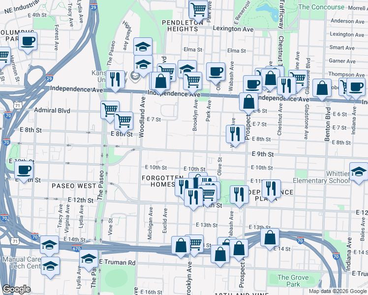 map of restaurants, bars, coffee shops, grocery stores, and more near 2100 East 9th Street in Kansas City