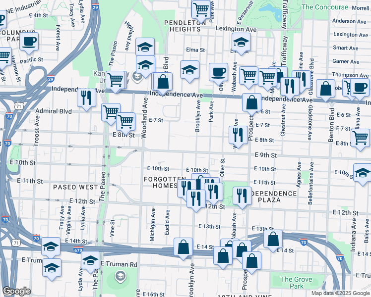map of restaurants, bars, coffee shops, grocery stores, and more near 2100 East 9th Street in Kansas City