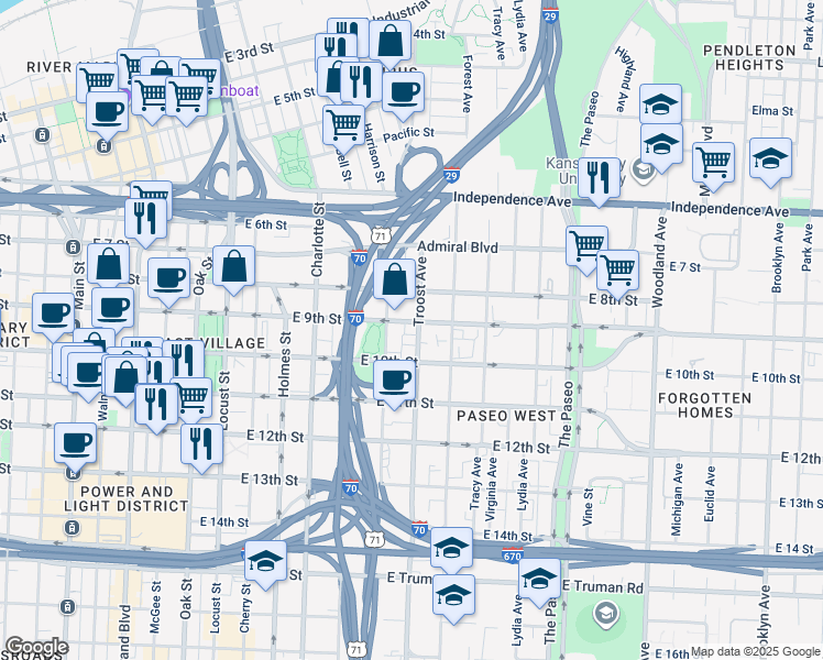 map of restaurants, bars, coffee shops, grocery stores, and more near in Kansas City