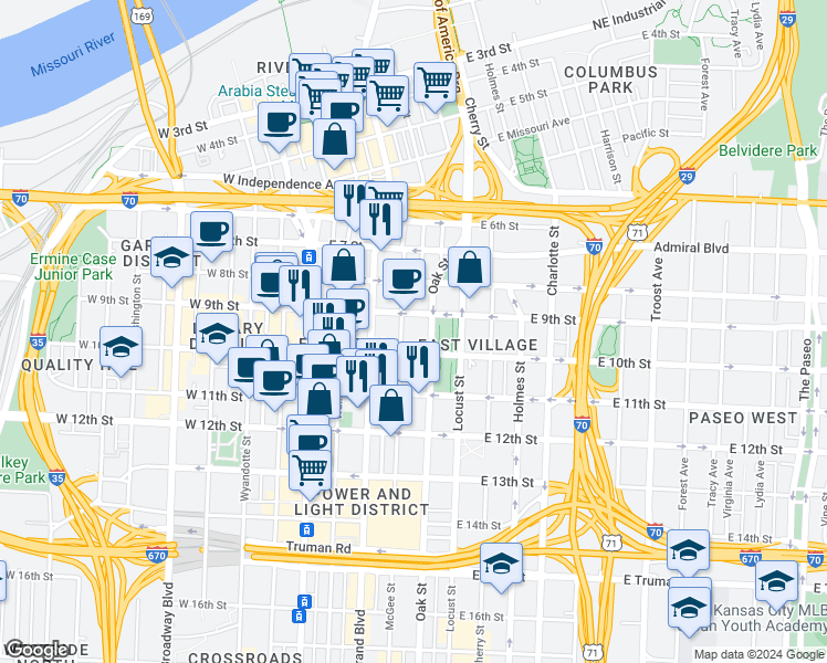 map of restaurants, bars, coffee shops, grocery stores, and more near 905 McGee Street in Kansas City