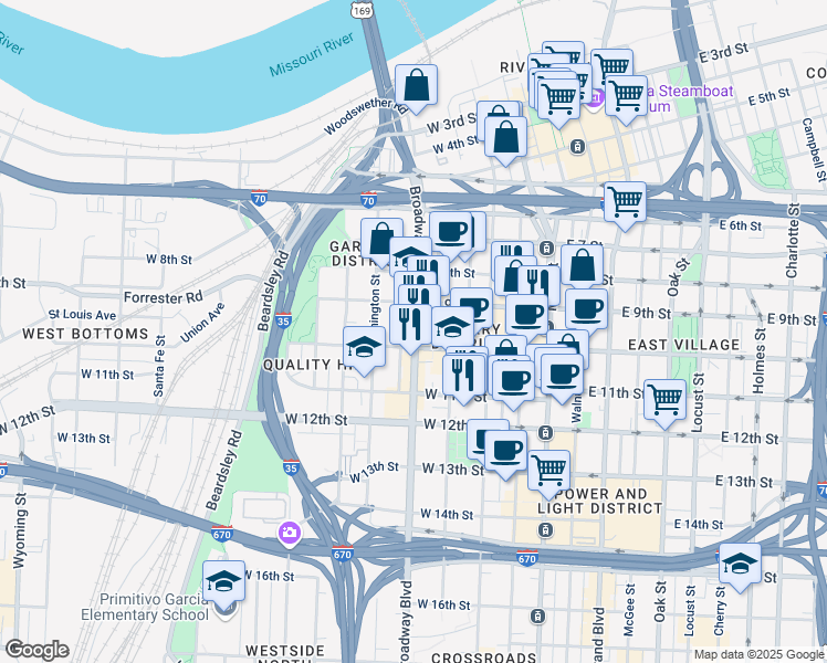 map of restaurants, bars, coffee shops, grocery stores, and more near 900 Broadway Boulevard in Kansas City