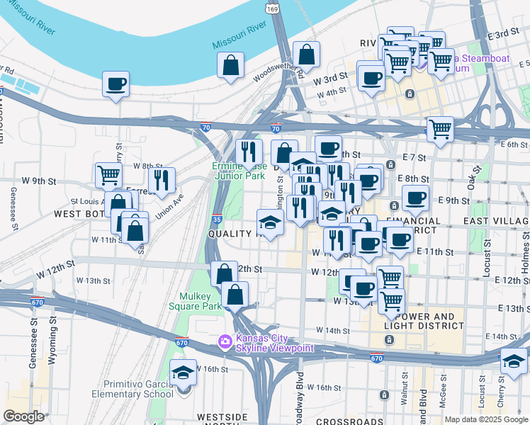 map of restaurants, bars, coffee shops, grocery stores, and more near 910 Pennsylvania Avenue in Kansas City