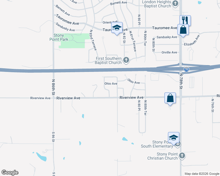 map of restaurants, bars, coffee shops, grocery stores, and more near 8244 Ohio Avenue in Kansas City