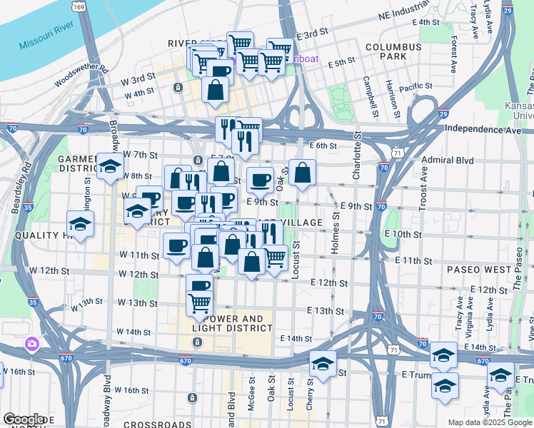 map of restaurants, bars, coffee shops, grocery stores, and more near 905 McGee Street in Kansas City