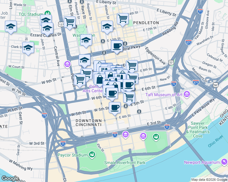 map of restaurants, bars, coffee shops, grocery stores, and more near 600 Vine Street in Cincinnati