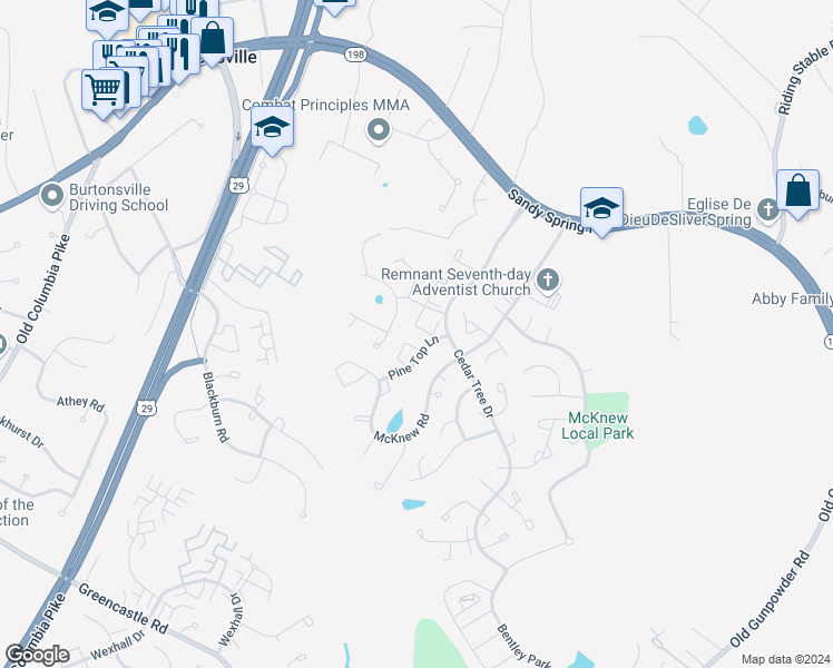 map of restaurants, bars, coffee shops, grocery stores, and more near 4243 Tazewell Terrace in Burtonsville