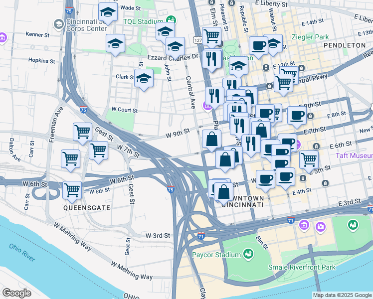map of restaurants, bars, coffee shops, grocery stores, and more near 500 West 7th Street in Cincinnati