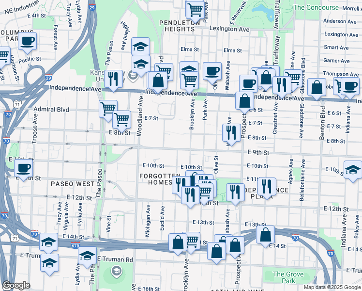 map of restaurants, bars, coffee shops, grocery stores, and more near 2100 East 9th Street in Kansas City