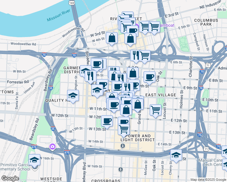 map of restaurants, bars, coffee shops, grocery stores, and more near 920 Main Street in Kansas City