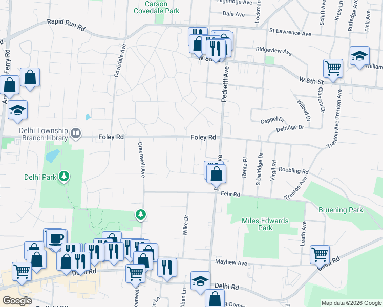 map of restaurants, bars, coffee shops, grocery stores, and more near 588 Orchard View Place in Cincinnati