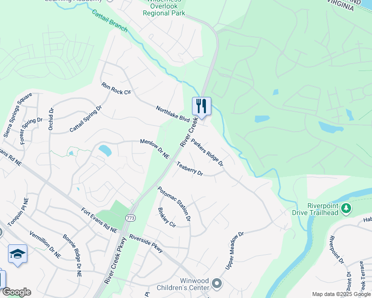 map of restaurants, bars, coffee shops, grocery stores, and more near 18555 Dettington Court in Leesburg