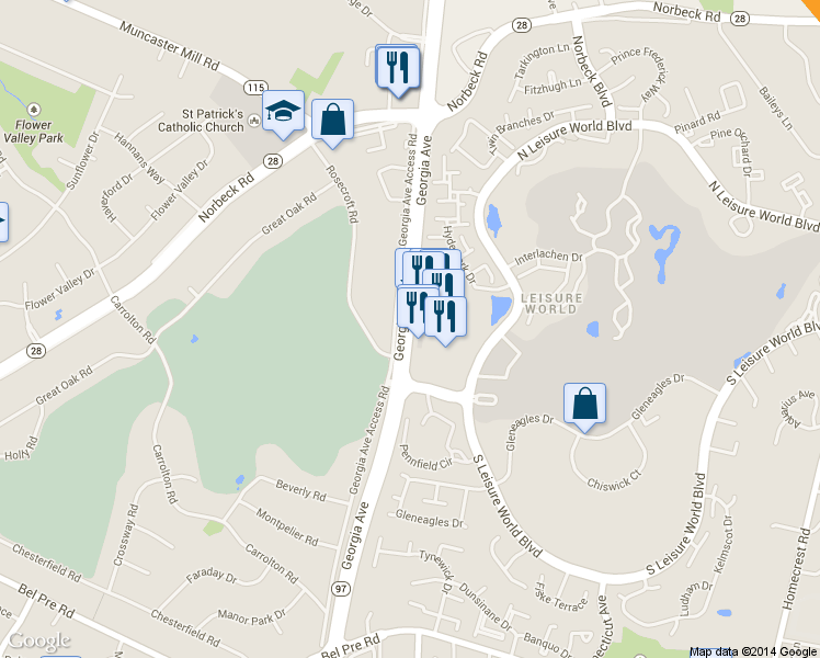 map of restaurants, bars, coffee shops, grocery stores, and more near 14903-14983 Georgia Avenue in Silver Spring